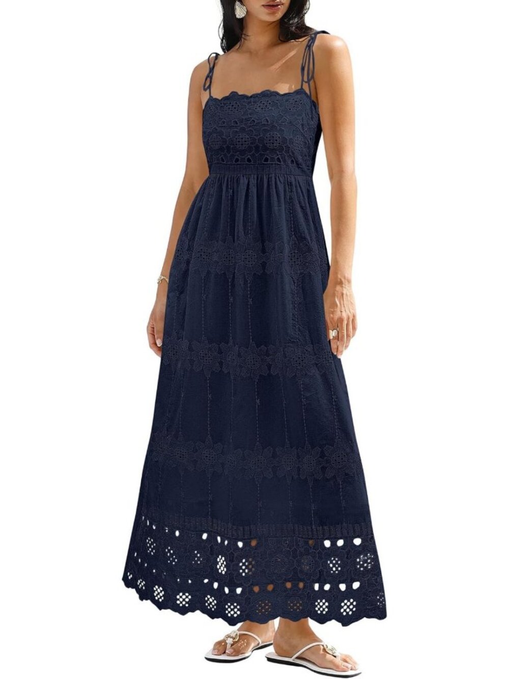 Boho Maxi Dress for Women - Eyelet Cotton, Spaghetti Strap, Summer Style